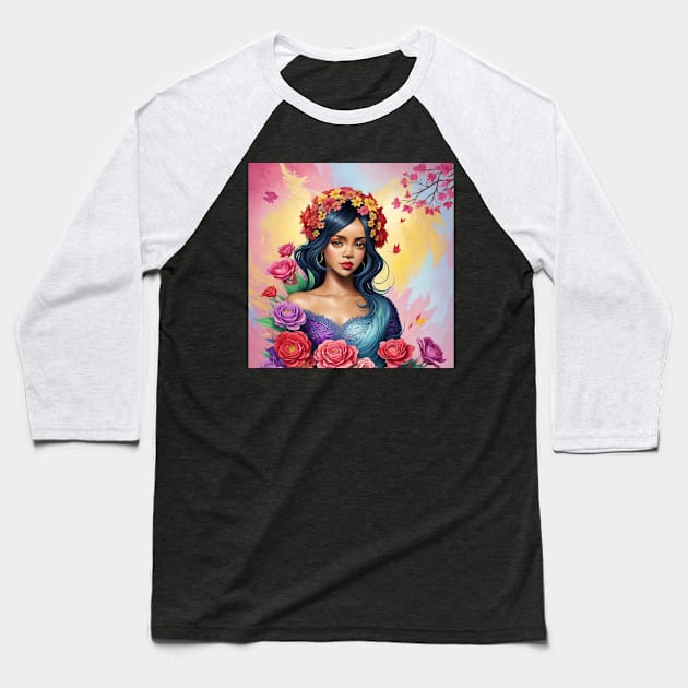 Blooming Radiance - Rihanna Surrounded with Flowers Baseball T-Shirt by 2d3digitals